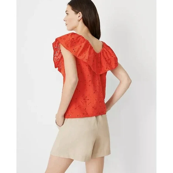 Ann Taylor Top Women Extra Large Orange Eyelet Lace Off Shoulder Sleeveless Crop - Picture 2 of 9